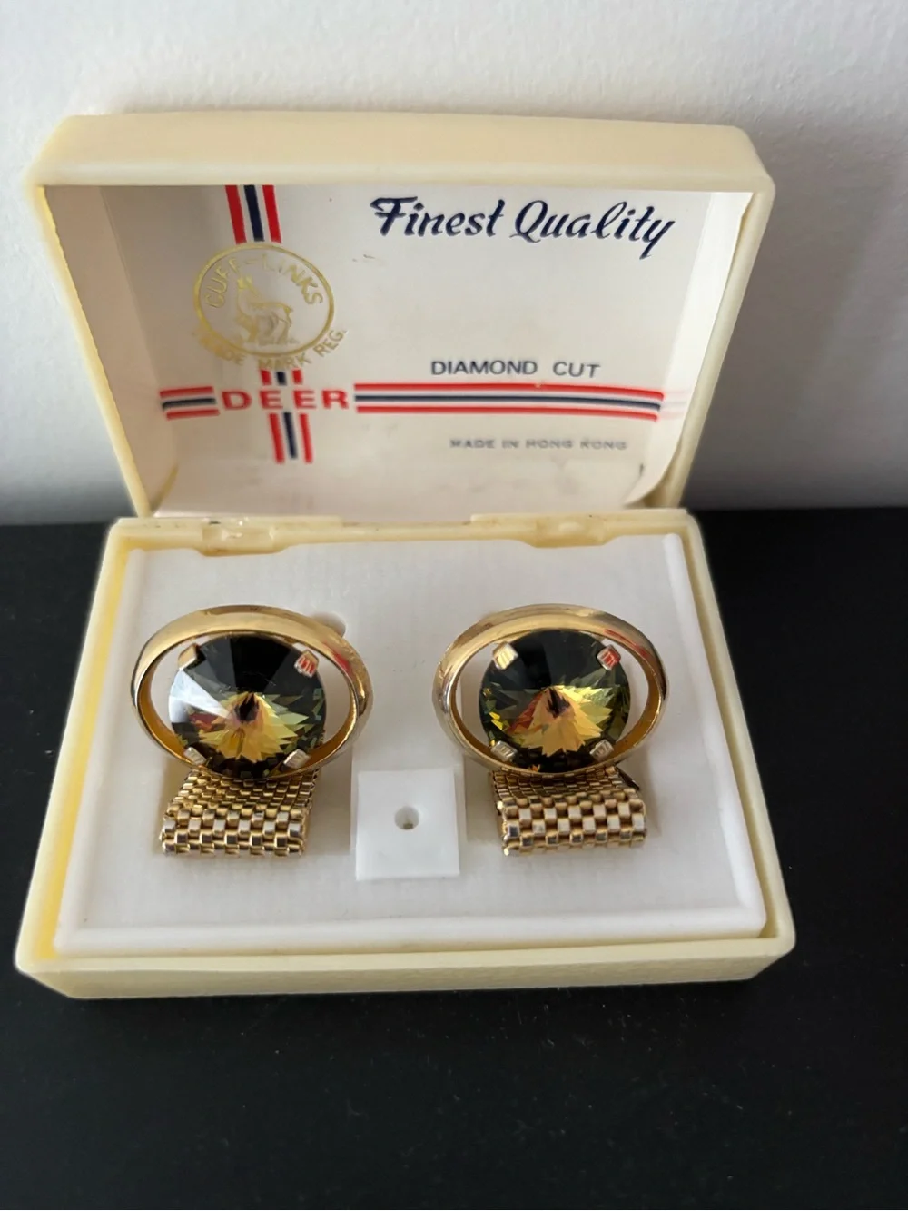 Deer Diamond Cut Gold-Tone Faceted Crystal Cufflinks